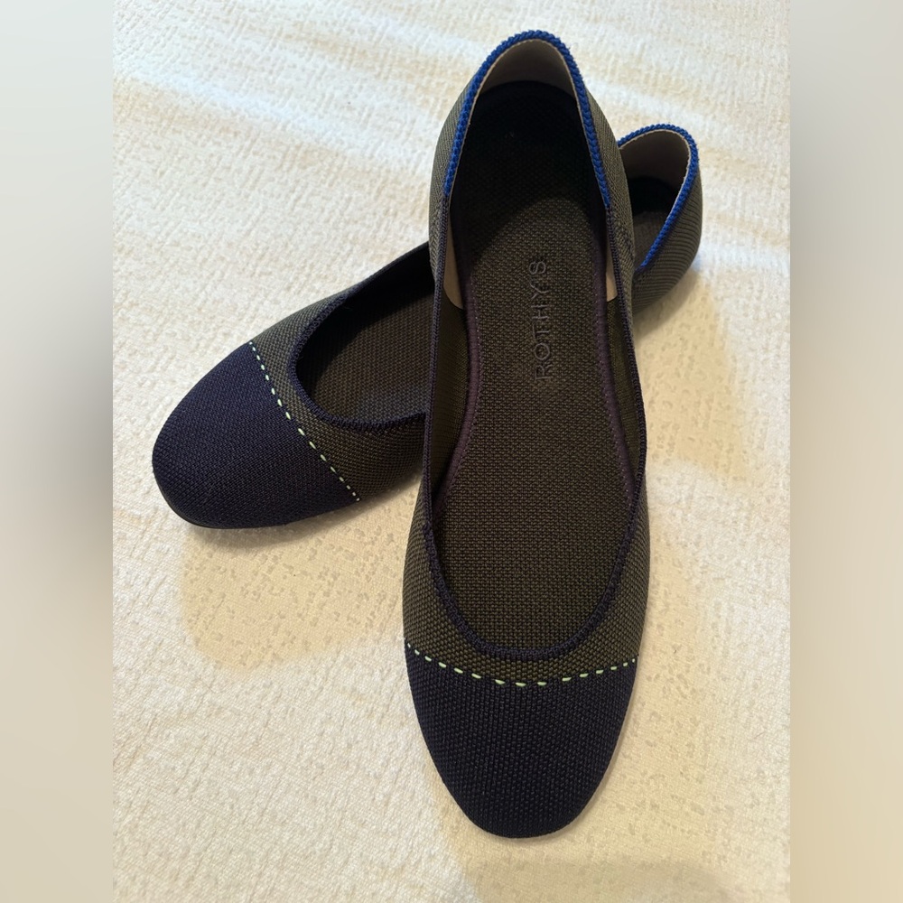 Rothy's The Square Highland Captoe navy and green/gray flats